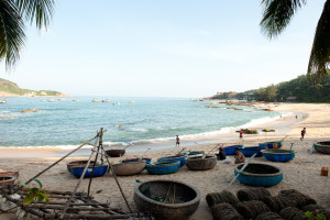 Woven bamboo basket boats on the beach in Tuy Hoa, Vietnam