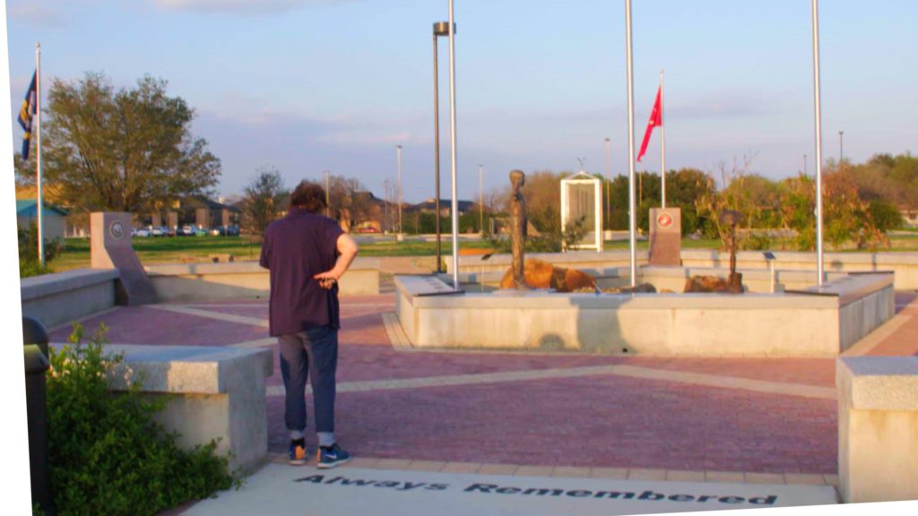 Donut Dollie Mary Blanchard Bowe entering Veterans Memorial Plaza in Schertz, TX