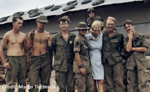 This image has an empty alt attribute; its file name is DD-and-MEN-Margo-Timberlake-Our-partially-sandbagged-hootch-in-Quang-Tri-with-Margo-and-the-crew-who-were-working-on-it-April-71-CCd-with-credit-300x184.jpg